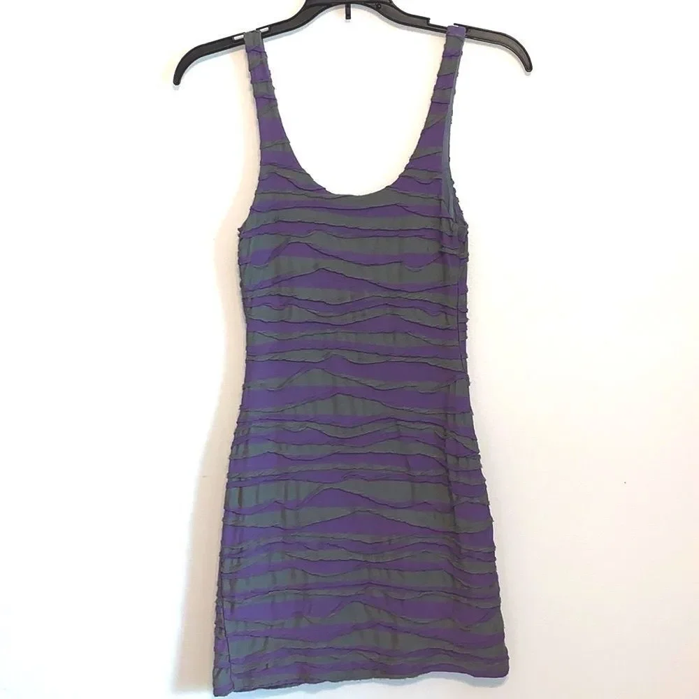 Free People Women’s Grey Purple Striped Boho Mini Tank Dress Ruffles Size XS